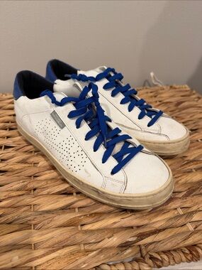 P448 White Leather Low-Top Sneakers with Blue Accents